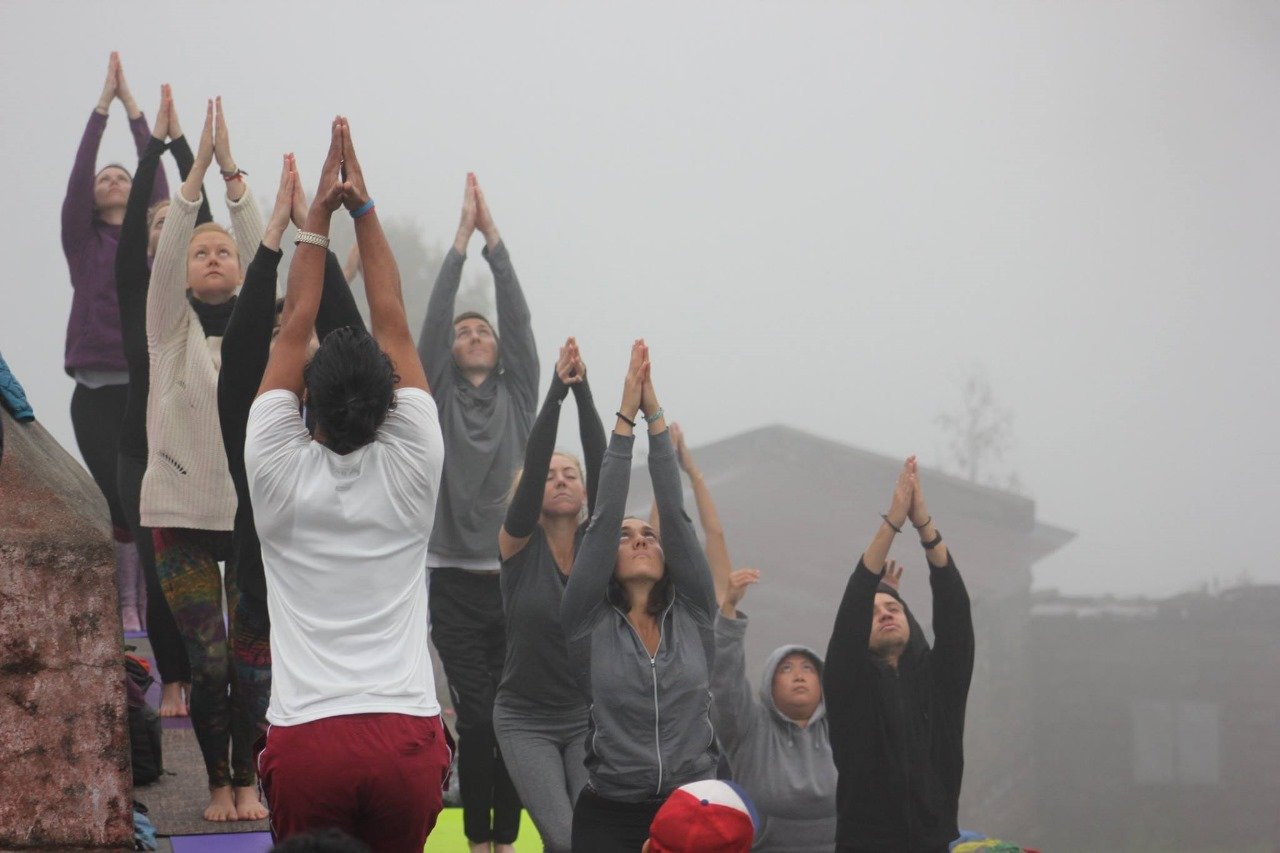 Group practicing a prayer-hands yoga pose in morning mist